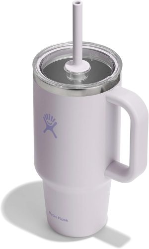 Hydro Flask 32 Oz Travel Tumbler with Handle. Clear Lid and Straw - Insulated Stainless Steel in 32 Oz Cloud Pink